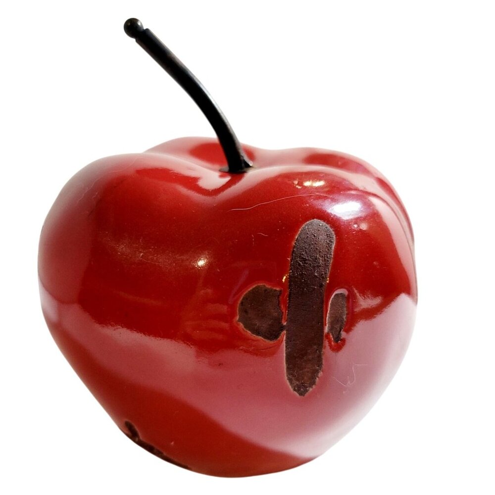 Vintage Red Enamel Over Metal Folk Art Apple Sculpture Signed Decorative Piece - Picture 3 of 7